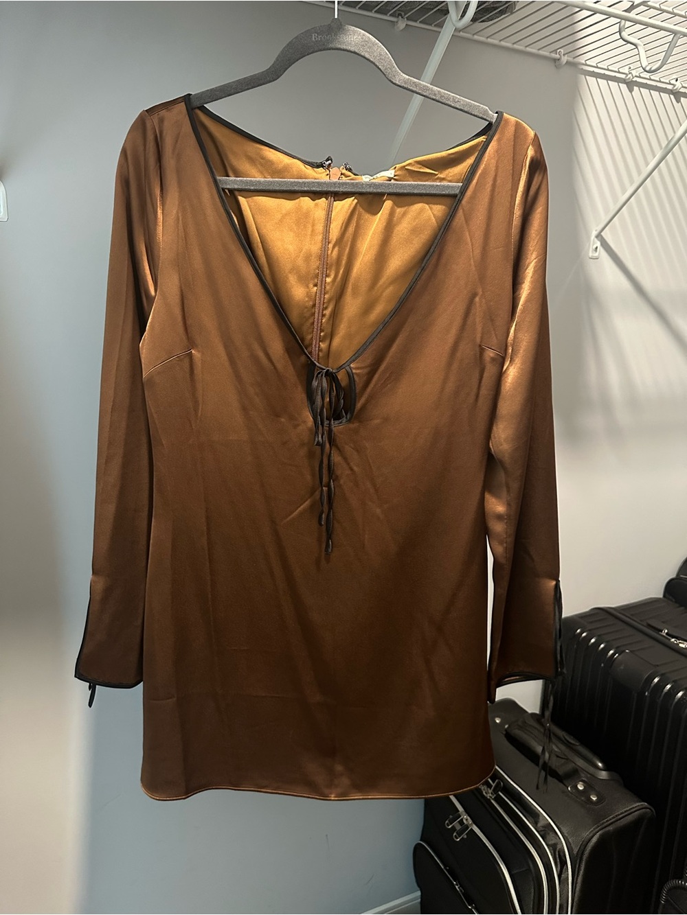 House of CB Women's Brown Satin V-Neck Long Sleeve Top